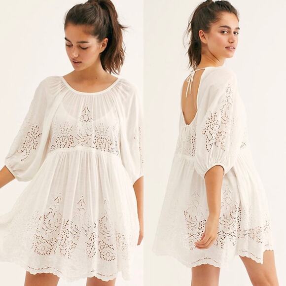 Free People White Eyelet Boho Flowy Balloon Sleeve Dress - Picture 1 of 8